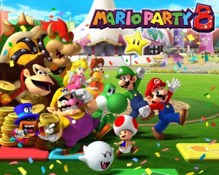 HD PC desktop wallpaper featuring colorful characters from the video game Mario Party 8 in a lively party scene.