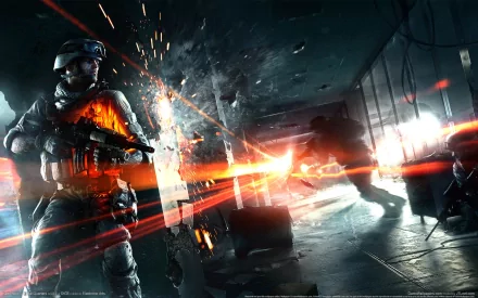 A soldier wielding a gun amidst a dynamic battle scene, featuring dramatic lighting and action elements from the video game Battlefield 3. High-definition wallpaper for gaming enthusiasts.
