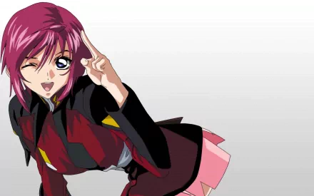 HD desktop wallpaper of Lunamaria Hawke from Mobile Suit Gundam Seed: pink-haired anime pilot winking and saluting in a red-and-black uniform against a pale gray gradient background.
