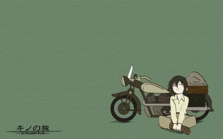 Anime-style HD PC desktop wallpaper featuring Kino from Kino's Journey sitting beside a vintage motorcycle against a textured green background.