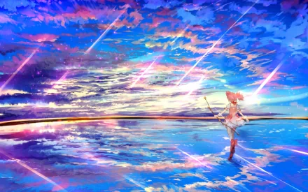 HD PC desktop wallpaper featuring Madoka Kaname from the anime Puella Magi Madoka Magica standing on a reflective surface under a vibrant, colorful sky with shooting stars.