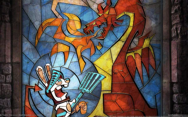 HD PC desktop wallpaper featuring a stained glass style artwork from the video game Raving Rabbids: Travel in Time, depicting a Rabbid confronting a dragon.