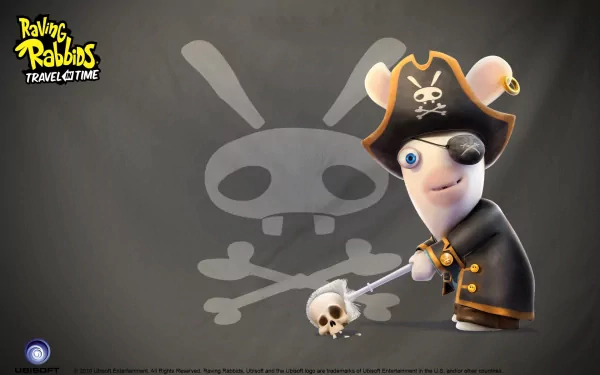 HD PC desktop wallpaper featuring a Raving Rabbids character dressed as a pirate from the video game Raving Rabbids: Travel in Time, with a skull and crossbones background.