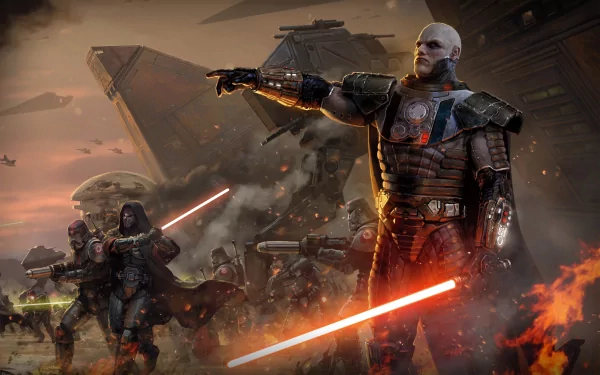 Darth Malgus stands prominently with a red lightsaber, commanding his forces in a dramatic scene from Star Wars: The Old Republic, set against a backdrop of chaos and battle.