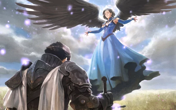 HD Magic: The Gathering desktop wallpaper depicting a knight kneeling before a glowing, winged figure in a blue dress under a cloudy sky.