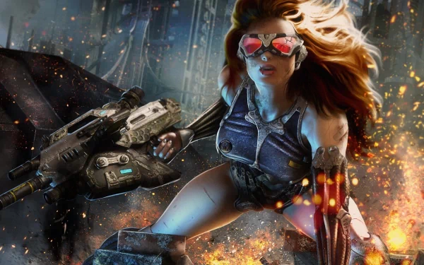 A fierce redhead cyborg warrior stands ready for battle in a dynamic Sci-Fi scene, with glowing glasses and advanced weaponry amidst vibrant explosions. HD desktop wallpaper.
