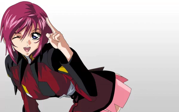 HD desktop wallpaper of Lunamaria Hawke from Mobile Suit Gundam Seed: pink-haired anime pilot winking and saluting in a red-and-black uniform against a pale gray gradient background.