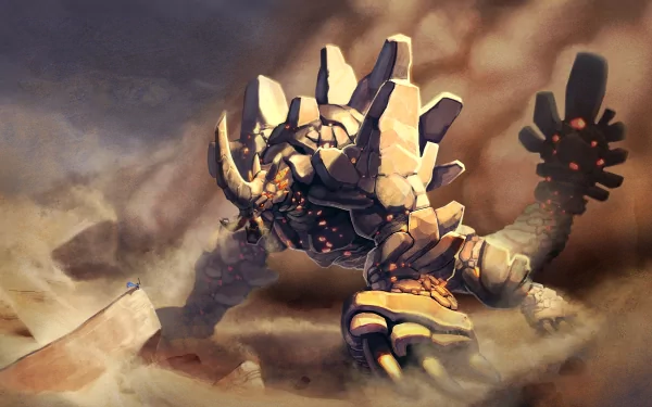HD PC desktop wallpaper from the video game Rift, featuring a colossal stone golem emerging from a dusty, stormy landscape.