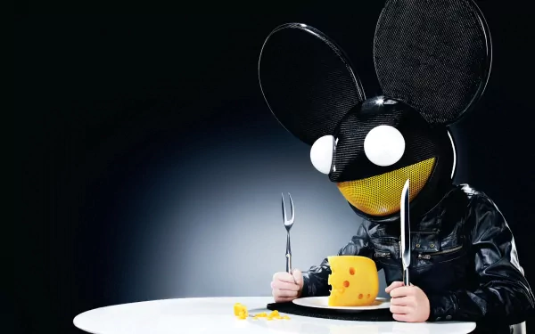 HD PC desktop wallpaper featuring Deadmau5's signature mouse helmet, holding a fork and knife, ready to eat a wedge of cheese on a white table against a dark background.