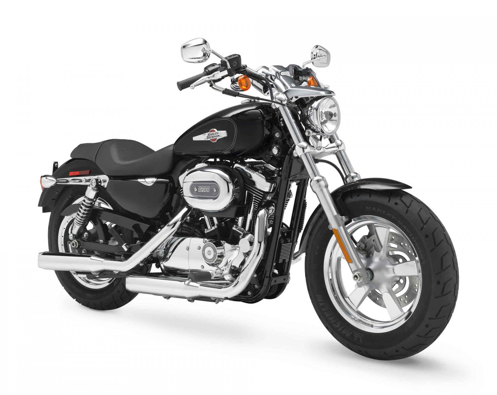 A black Harley-Davidson motorcycle displayed against a white background, featured as an HD PC desktop wallpaper and background.