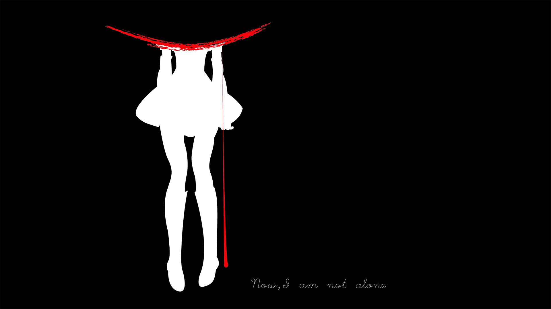 HD PC desktop wallpaper of Mami Tomoe from Puella Magi Madoka Magica: white silhouette on black, red crescent blade with a bloodlike drip and a faint handwritten line at the bottom.