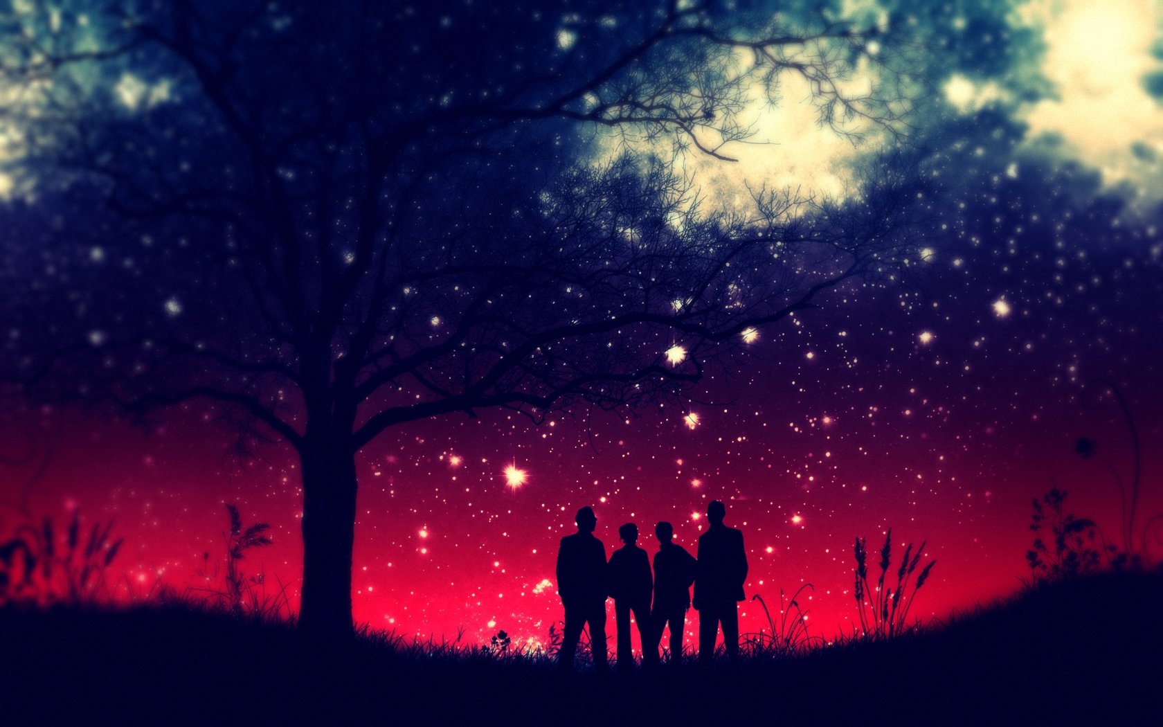 Artistic HD desktop wallpaper showing silhouetted people under a starry night sky with a glowing horizon, evoking themes of love and connection.