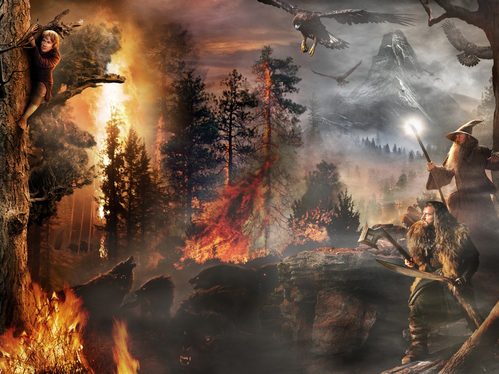 A captivating HD wallpaper from *The Hobbit: An Unexpected Journey*, featuring intense scenes of adventure, fiery landscapes, and iconic characters amidst majestic mountains and forests.