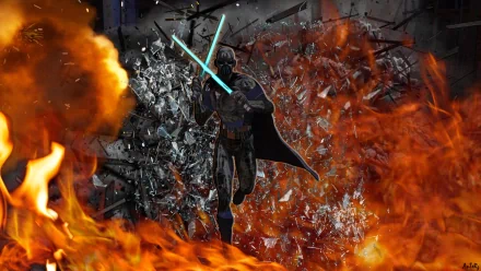 HD PC desktop wallpaper/background: sci-fi Jedi knight warrior bursts through shattered glass and flames, cape billowing, cyan lightsaber ablaze amid exploding wreckage.