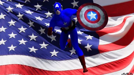 Comic Captain America with shield posed over a waving American flag — HD PC Desktop Wallpaper and Background
