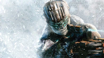 High-definition desktop wallpaper from the video game Dead Space 3, featuring the protagonist in a snowy, icy landscape, ready for action with intense visual effects.