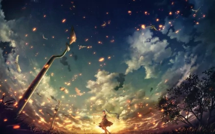 HD desktop wallpaper featuring Hatsune Miku from Vocaloid in an enchanting, surreal landscape with a vibrant, illuminated sky. The anime art style adds a magical touch to the background.