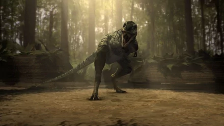A dramatic HD wallpaper of a Nanotyrannus, an extinct dinosaur, set in a prehistoric forest, inspired by the TV show Jurassic Fight Club.