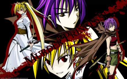 Murder Princess anime HD PC desktop wallpaper showing three stylized characters: a purple-haired leader, a blonde swordswoman, and a roguish fighter over a red-and-black blood-splatter background.