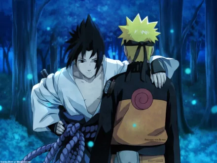 HD desktop wallpaper featuring Sasuke Uchiha and Naruto Uzumaki from the anime Naruto, depicting an intense moment between the two characters in a mystical, glowing forest setting.
