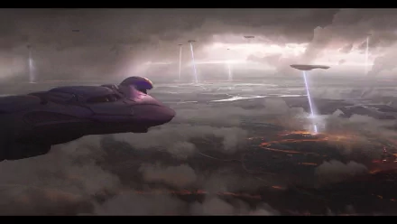 A stunning HD desktop wallpaper featuring a dramatic scene from Halo: Reach, showcasing a spacecraft amid stormy clouds and striking beams of energy illuminating the landscape below.