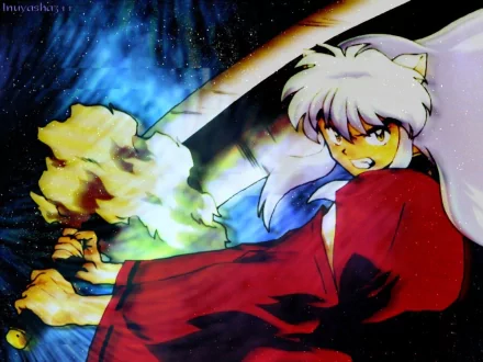 A vibrant HD wallpaper featuring InuYasha, the iconic anime character, wielding his sword against a dynamic background of swirling colors.