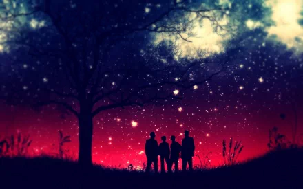 Artistic HD desktop wallpaper showing silhouetted people under a starry night sky with a glowing horizon, evoking themes of love and connection.