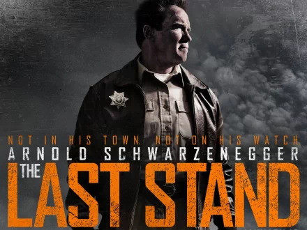HD PC desktop wallpaper: movie poster for The Last Stand showing a stern sheriff in a leather jacket and badge against a stormy sky with bold orange title text.