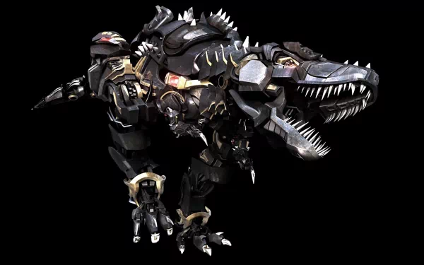 HD PC wallpaper of a sci-fi robotic dinosaur with metallic armor and glowing red eyes, blending futuristic technology and prehistoric design in a dynamic pose.