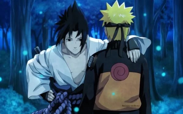 HD desktop wallpaper featuring Sasuke Uchiha and Naruto Uzumaki from the anime Naruto, depicting an intense moment between the two characters in a mystical, glowing forest setting.