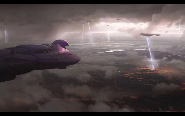 A stunning HD desktop wallpaper featuring a dramatic scene from Halo: Reach, showcasing a spacecraft amid stormy clouds and striking beams of energy illuminating the landscape below.