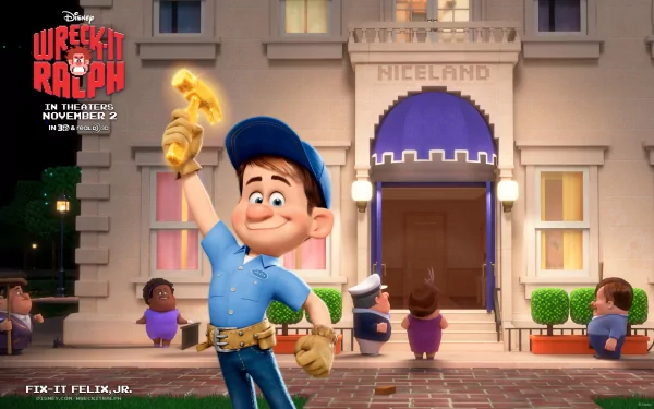HD desktop wallpaper featuring Fix-It Felix from Disney's Wreck-It Ralph movie, standing confidently with his golden hammer in front of Niceland building.