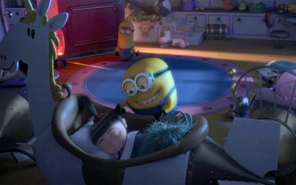Agnes from Despicable Me is seen sleeping in a toy rocket while a cheerful Minion watches in a playful, colorful room. This HD wallpaper captures their whimsical, animated charm.