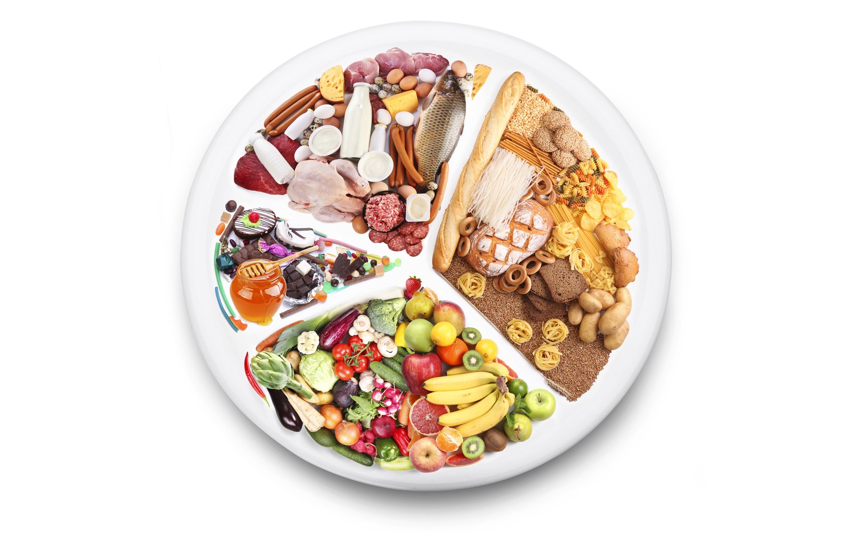 HD PC desktop wallpaper featuring a colorful plate divided into sections of various foods including fruits, vegetables, grains, and proteins arranged as a balanced meal.