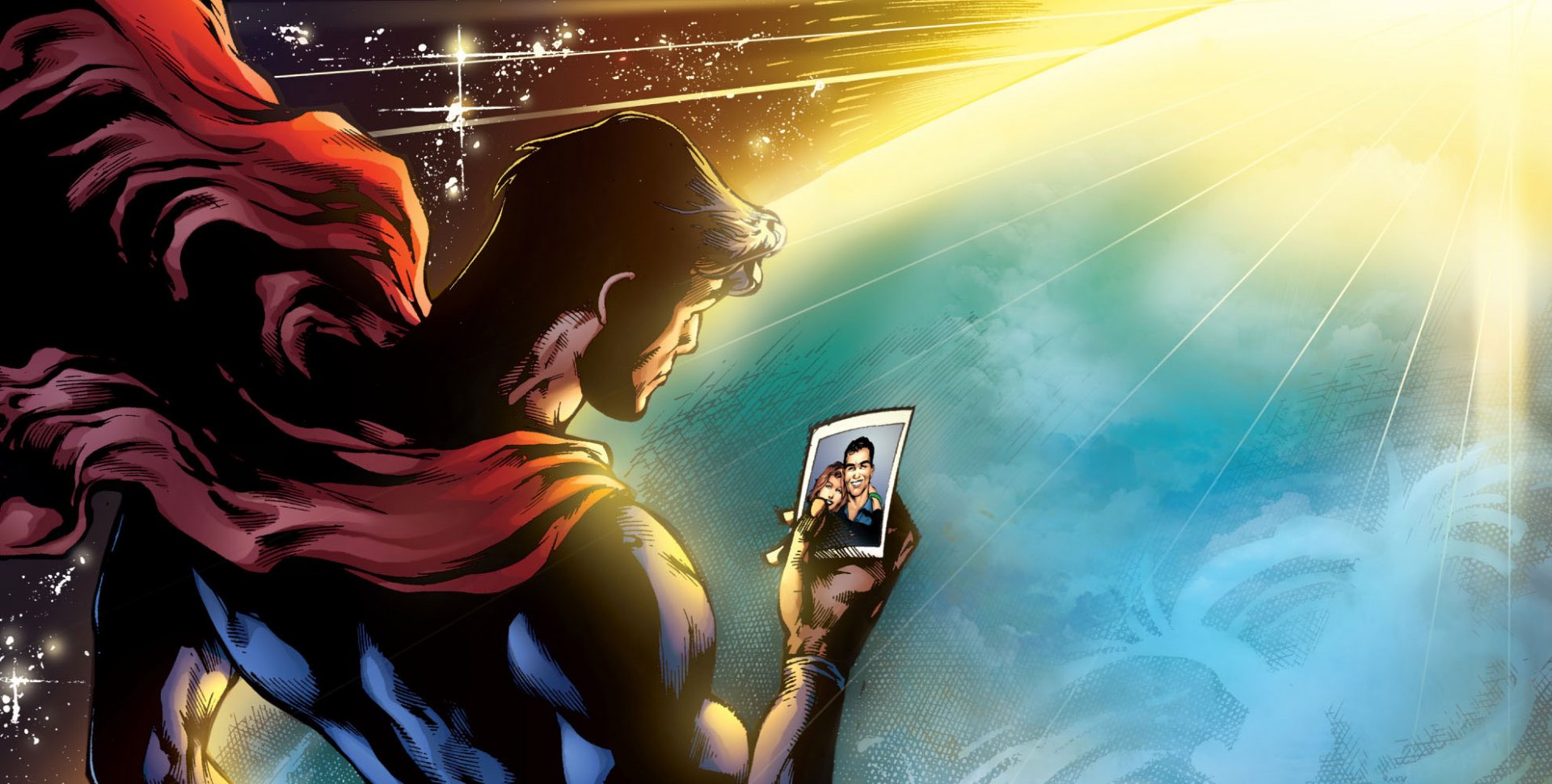 HD comic-style PC desktop wallpaper depicting Superman over Earth, cape billowing as he studies a small photograph beneath a radiant sun.