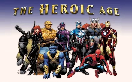 HD desktop wallpaper featuring The Avengers: The Heroic Age with Beast, Iron Man, Spider-Man, Thor, Captain America, Hawkeye, Thing, and Black Widow in dynamic poses.