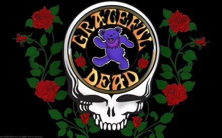 HD PC desktop wallpaper featuring the Grateful Dead logo with a dancing purple bear, a skull, and red roses against a black background.