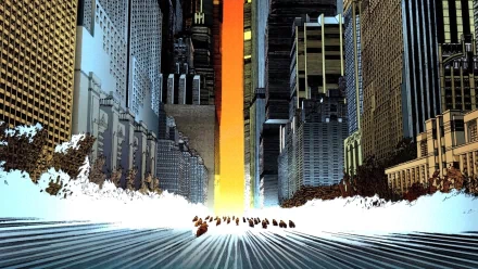 Anime Akira HD PC desktop wallpaper/background — a vertical orange energy beam tears through a futuristic city avenue, blasting light and smoke as crowds flee between towering skyscrapers.
