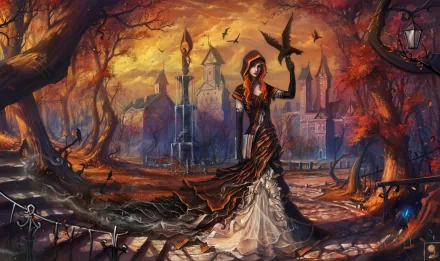 A fantasy HD desktop wallpaper featuring a witch in an autumn forest with a castle in the background, holding a crow.