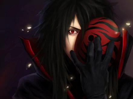 HD desktop wallpaper featuring Madara Uchiha from Naruto with the Sharingan eye, holding a mask suggestive of Obito Uchiha. The dark and intense background accentuates the anime's dramatic style.