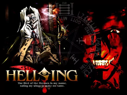 HD wallpaper featuring Alucard from Hellsing, with iconic imagery and dark themes. The artwork showcases the character's intensity and the series' gothic aesthetic.