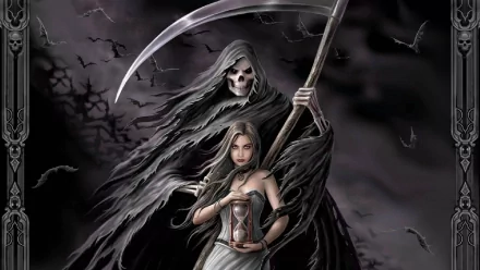 HD desktop wallpaper featuring a dark, grim reaper holding a scythe, standing behind a woman with long hair who holds an hourglass. Bats and a gloomy sky create an eerie atmosphere.