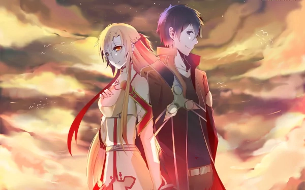 Kirito and Asuna Yuuki from Sword Art Online stand back-to-back, set against a dramatic sky. This vibrant anime artwork serves as a stunning 4K Ultra HD desktop wallpaper.