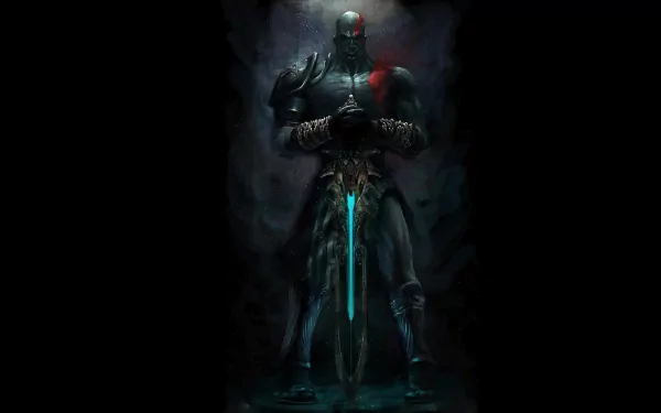 A dynamic HD desktop wallpaper featuring Kratos from God of War III, showcasing his imposing figure and iconic weapon against a dark, atmospheric background.