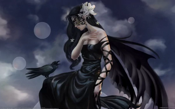Fantasy gothic wallpaper featuring a mysterious woman in a dark flowing dress with a white flower in her hair and a raven perched near her, set against a dim, moody sky.
