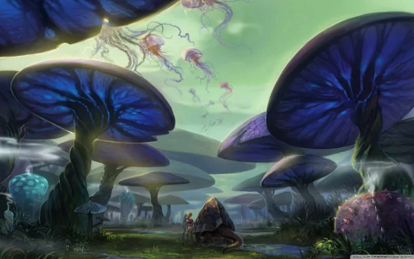 Perfect World video game 2K Quad HD PC desktop wallpaper: alien mushroom forest with giant bioluminescent blue caps, floating jellyfish-like creatures and a misty green sky