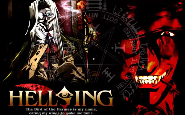 HD wallpaper featuring Alucard from Hellsing, with iconic imagery and dark themes. The artwork showcases the character's intensity and the series' gothic aesthetic.