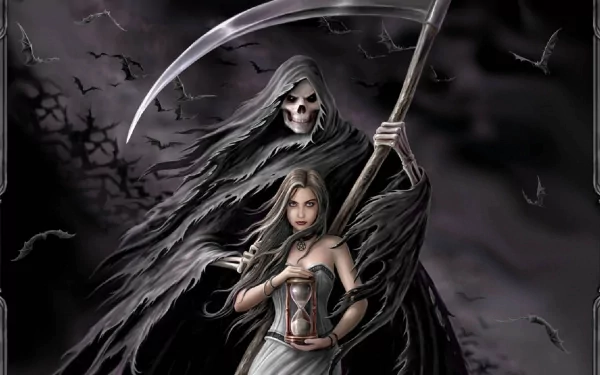 HD desktop wallpaper featuring a dark, grim reaper holding a scythe, standing behind a woman with long hair who holds an hourglass. Bats and a gloomy sky create an eerie atmosphere.
