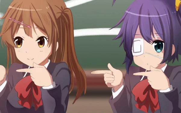 A vibrant HD desktop wallpaper featuring Kumin Tsuyuri and Rikka Takanashi from Love, Chunibyo & Other Delusions. The characters playfully pose, capturing the essence of their friendship.