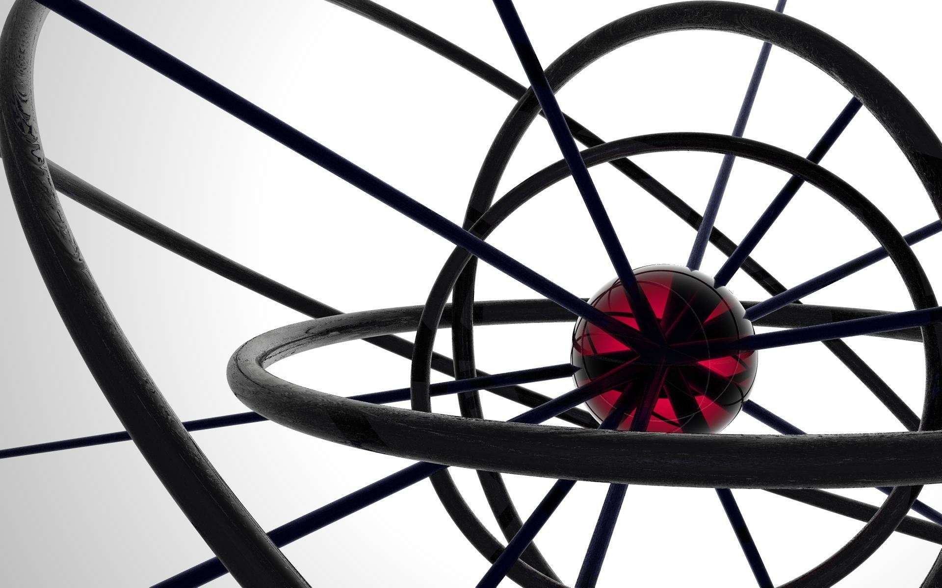 CGI abstract 3D design featuring interwoven black rings centered around a glossy red sphere, rendered as an HD PC desktop wallpaper and background.